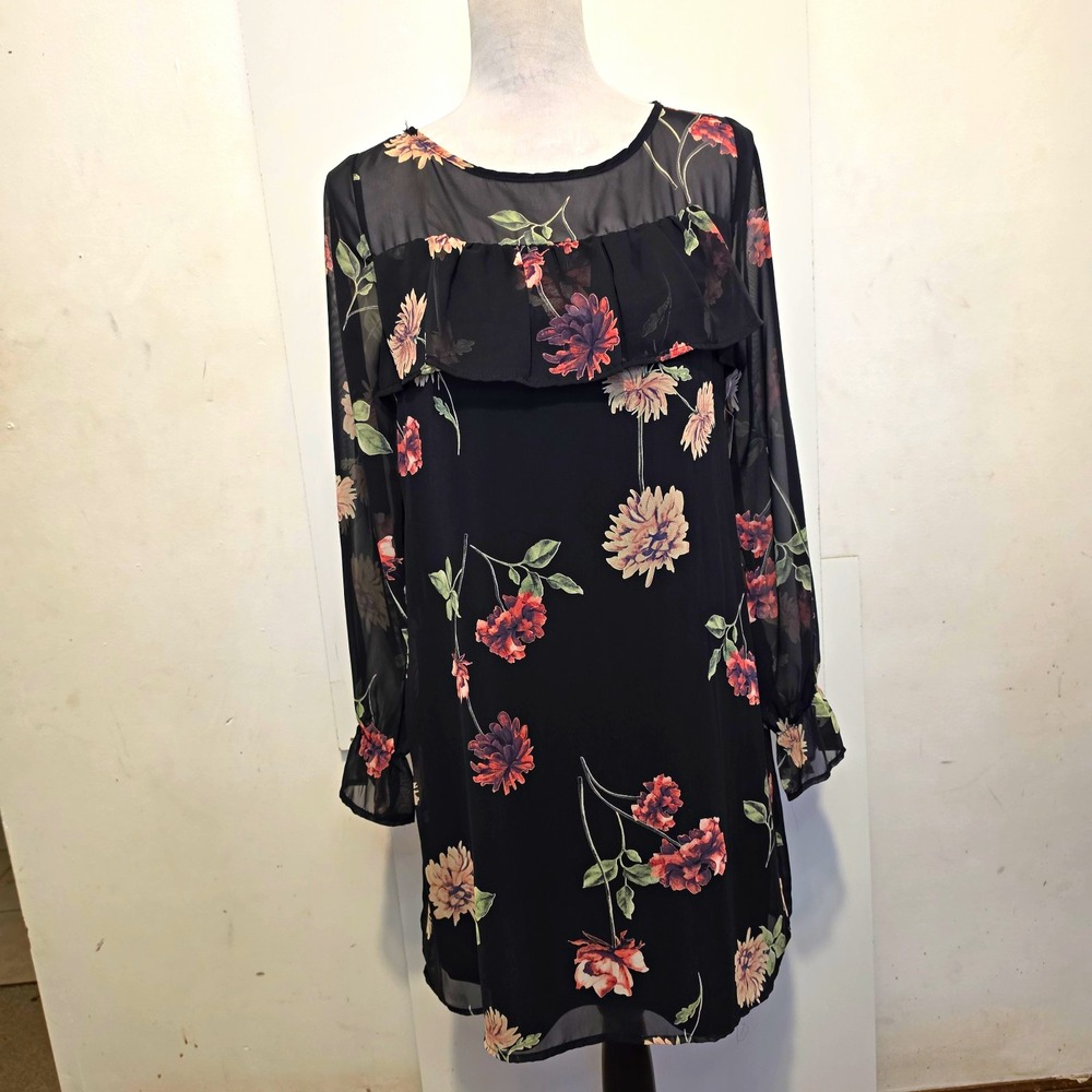 Teenplo Women's Small Black Floral Chiffon Ruffle Open Back Dress Made USA
